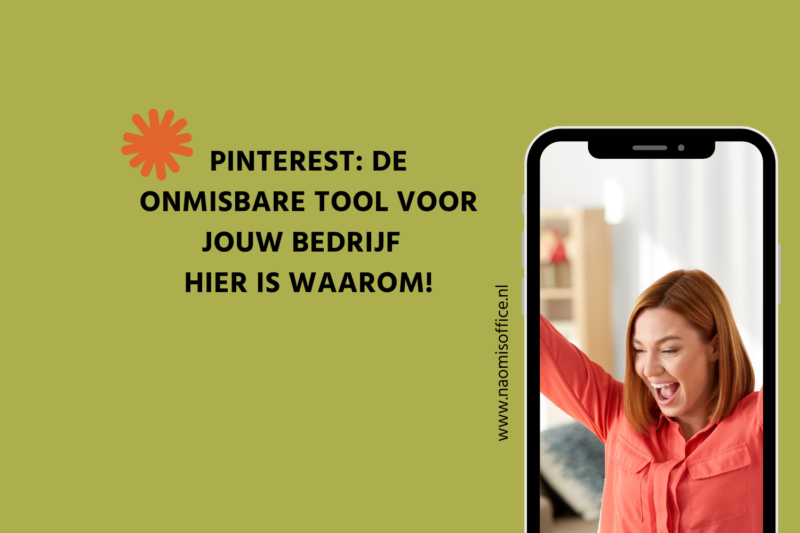 Tekst: Pinterest, de onmisbare tool voor jouw bedrijf, hier is waarom. Met foto van juichende, blije vrouw in oranje blouse.