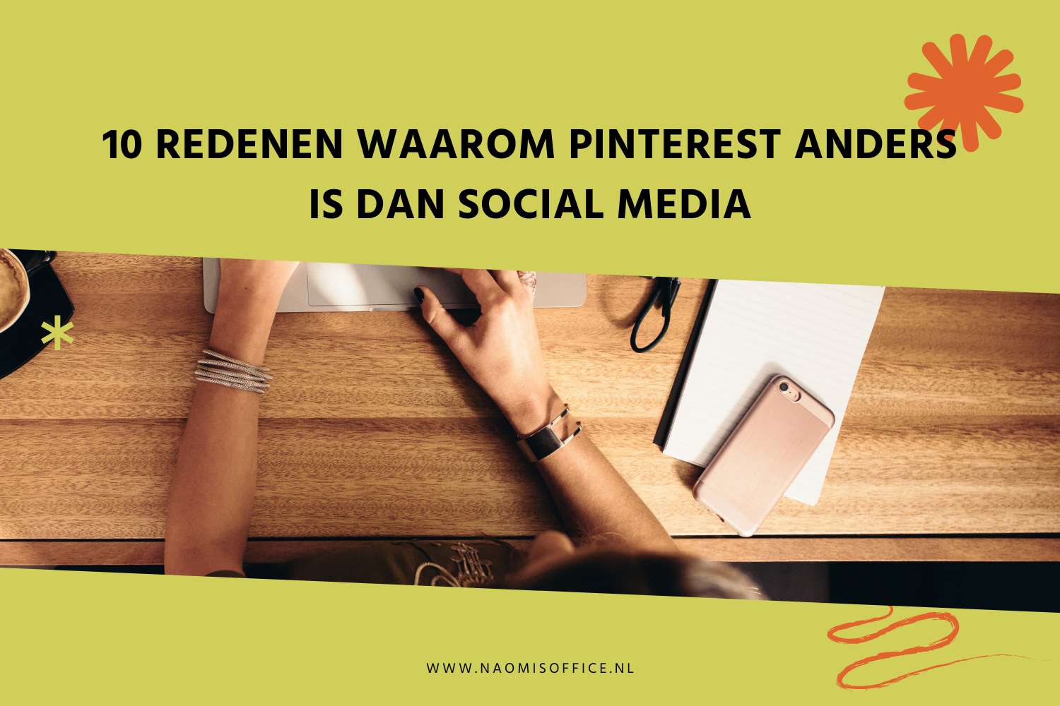 Bureau en de tekst: 10 redenen waarom pinterest anders is dan social media met groene achtergrond